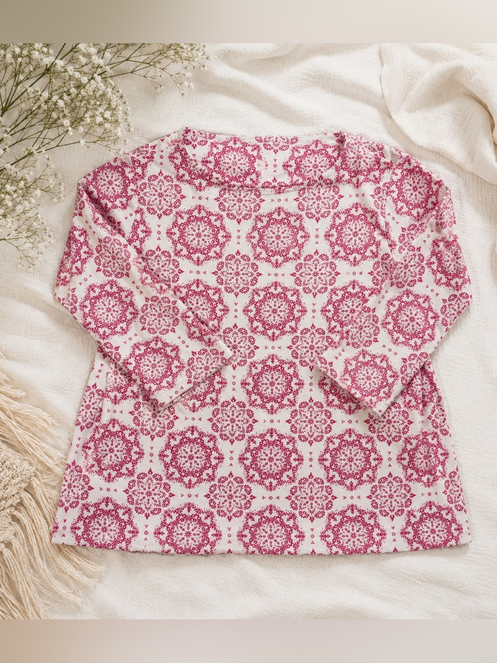 Croft & Barrow Women’s 3/4 Sleeve Printed Top Pink White Floral Medallion XXL